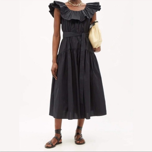 Ulla Johnson Amira Poplin Ruffle Black‎ Midi Dress- NWT - Picture 2 of 12